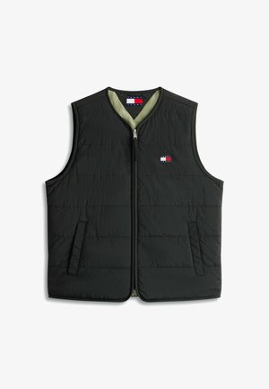 Schwarze gestepptes ärmelloses Weste mit Frontreißverschluss, zwei Seitentaschen und Tommy Jeans Logo-Patch auf der Brust und im inneren Kragen.