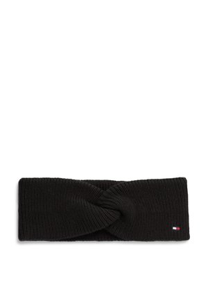 Bandeau noir tricoté avec un design torsadé à l'avant et un petit logo drapeau rectangulaire sur le côté.
