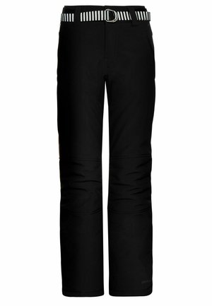 Crne skijaške hlače ravnog kroja, s prugastim pojasom, dva bočna džepa i teksturiranim materijalom za izolaciju i izdržljivost.