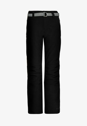 Crne skijaške hlače ravnog kroja, s prugastim pojasom, dva bočna džepa i teksturiranim materijalom za izolaciju i izdržljivost.