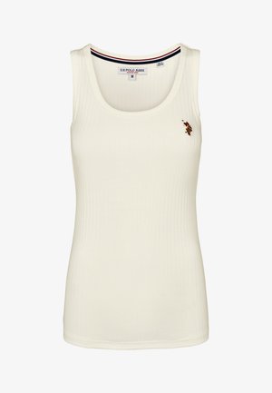 Hvit ribbet tanktopp med rund halsskjæring, har en liten brodert logo på venstre bryst, laget av elastisk bomullsmateriale.