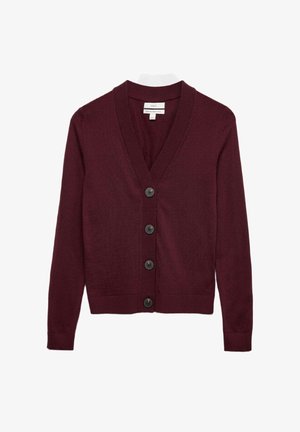 Burgundy long-sleeve cardigan with V-neck and four black buttons, ribbed cuffs and hem, made of extra fine merino wool.