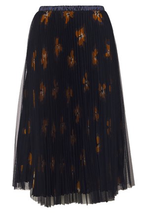 Jupe midi plissée noire avec superposition transparente et motif floral moutarde dispersé, taille élastique.