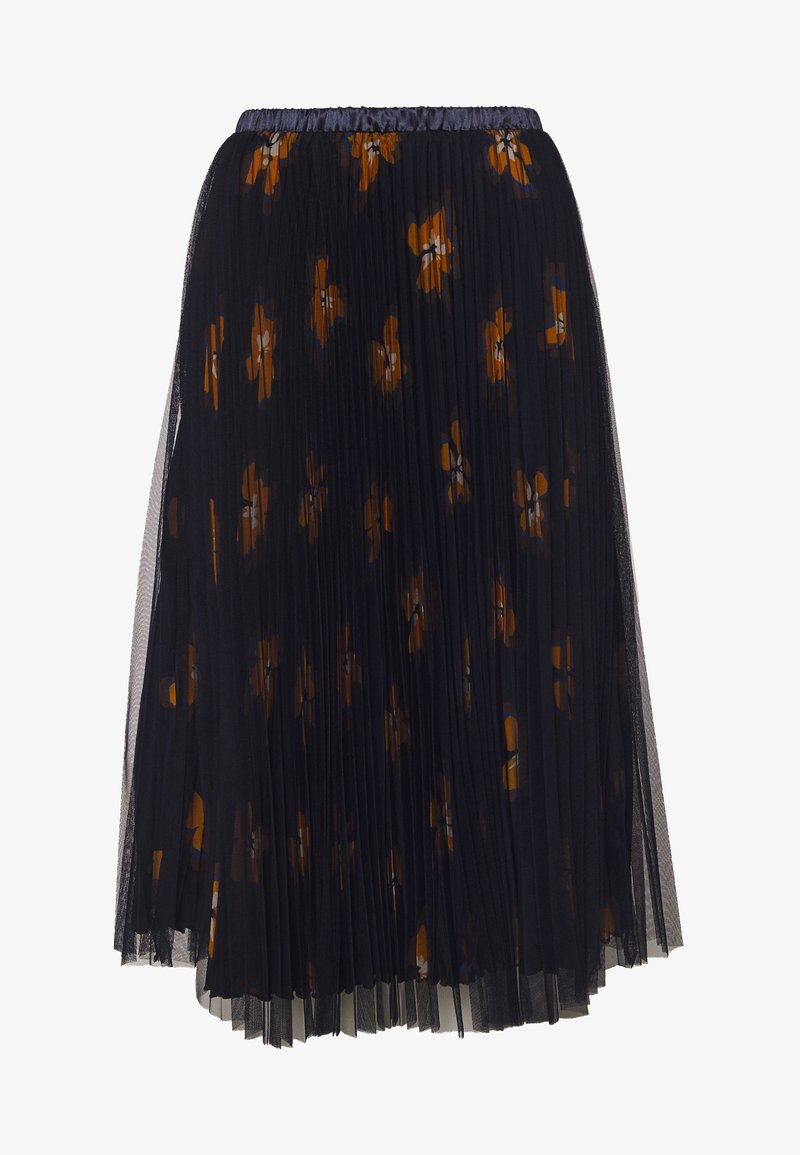 Jupe midi plissée noire avec superposition transparente et motif floral moutarde dispersé, taille élastique.