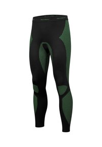 Black athletic leggings with green accents. Features a textured design and patterned panels, made from a polyamide and polyester blend.