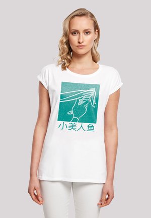 White cotton t-shirt with rolled sleeves featuring a teal graphic of hands and text in a stylized font at the center.