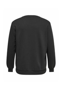 Sudadera negra de manga larga, vista desde la parte de atrás, con puños y dobladillo acanalados, sobre un fondo blanco.