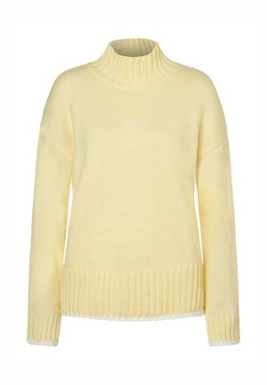 Gelber Strickpullover mit hohem geripptem Ausschnitt, herunterhängenden Schultern und geripptem Saum. Hat eine weiche Textur und kontrastierende weiße Abschlüsse an den Kanten.