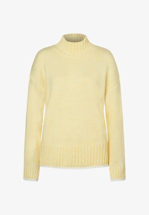 Yellow knit sweater with a high ribbed neckline, drop shoulders, and ribbed hem. Features a soft texture and contrasting white trim at edges.