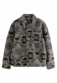 Gray and brown fleece jacket with a plush texture, featuring an abstract pattern, a collar, and a single chest pocket.