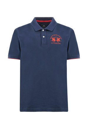 Navy blue polo shirt with red trim, two-button placket, and red horse polo player logo with "La Martina" text on chest.