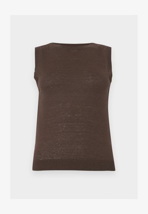 Sleeveless brown knitted sweater vest with ribbed neckline, armholes, and hem.