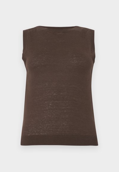 Αμάνικο καφέ πλεκτό γιλέκο με ριμπ λαιμόκοψη, ανοιγόμενα μανίκια και τελείωμα.