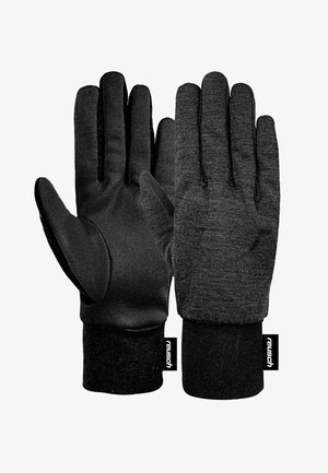 Schwarze Handschuhe mit einem weichen Stoff außen und einer strukturierten Handfläche, ausgestattet mit einem enganliegenden Bündchen und einem Logo-Tag. Entwickelt für Wärme und Griffigkeit.