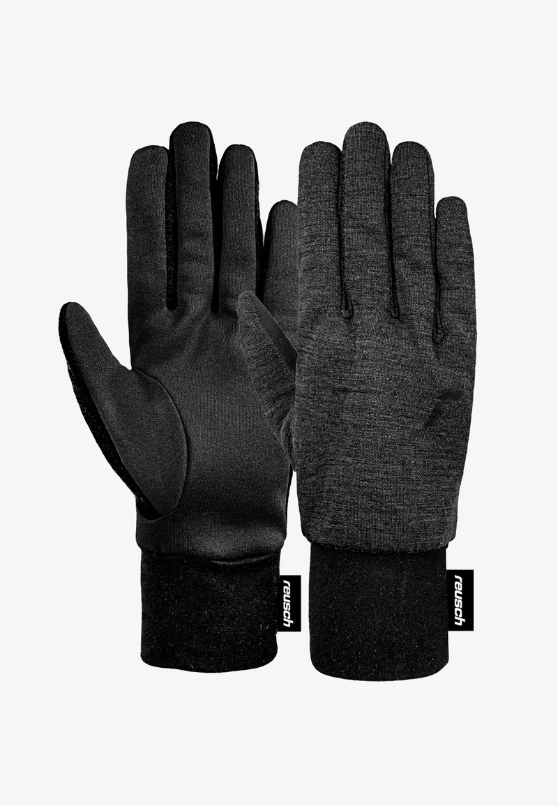 Gants noirs avec un extérieur en tissu doux et une paume texturée, dotés d'un poignet ajusté et d'une étiquette de logo. Conçus pour la chaleur et l'adhérence.