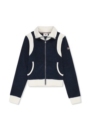 Chaqueta de forro polar con cremallera en azul marino y blanco, con cuello alto, dos bolsillos delanteros y parche con logo en la manga izquierda.