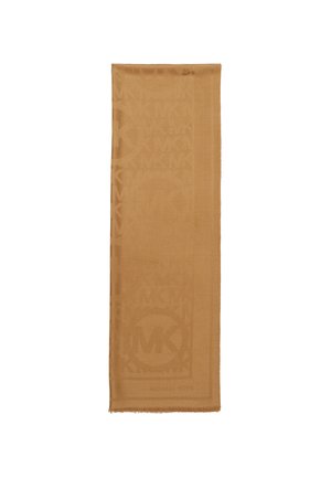 Écharpe rectangulaire marron chamelle avec un motif subtil de logo Michael Kors tissé et des bords à franges.