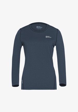 Haut à manches longues en bleu marine foncé, fabriqué dans un tissu texturé et évacuant l'humidité. Présente un col rond et un logo sur la poitrine.