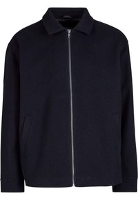 Svart zip-up jacka med krage, sidofickor och långa ärmar. Mjuk tyg med en slät textur, minimalistisk design.