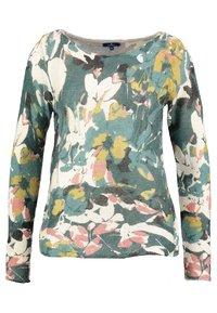 Långärmad tröja med ett livligt blommönster i teal, rosa, gult och vitt; stickad textur; bred halsringning.