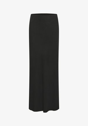 Čierna maxi sukňa s voľným strihom, vyrobená z mäkkého materiálu s hladkou textúrou, s jednoduchým dizajnom a bez viditeľných ozdôb.
