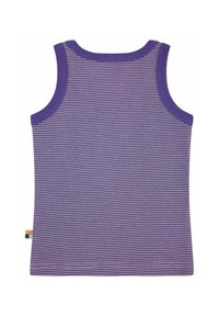 Violettes ärmelloses Tanktop mit dünnen weißen Streifen. Es hat einen runden Ausschnitt und ein kleines, mehrfarbiges Etikett am seitlichen Saum.