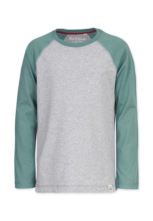 Harmaa pitkähihaine t-paita, jossa on teal väriset raglan-hihat, valmistettu pehmeästä puuvillasta. Ominaisuuksiin kuuluu pyöreä kaula-aukko ja pieni merkkilappu helman kohdalla.