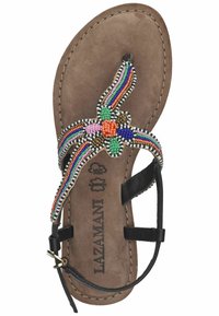 Geweven, multikleuren sandaal met een bloemdessin op een tan faux suede inlegzool. Zwarte leren banden en gedetailleerde stiksels.
