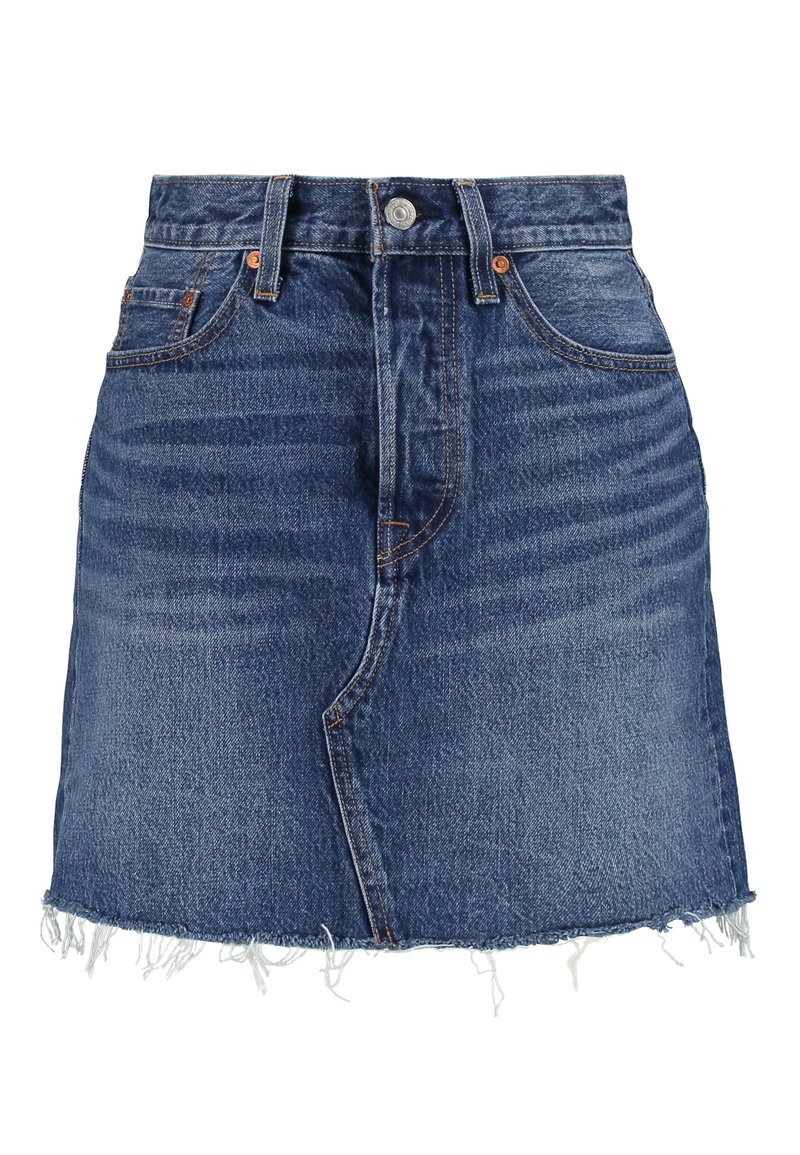 Blauwe denim minirok met rafelige zoom, knoopsluiting aan de voorkant, riemlussen en voorzakken.