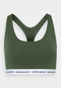 Soutien-gorge de sport vert avec un design dos nageur. Comporte un tissu doux et une bande blanche contrastante avec le logo "BJÖRN BORG".