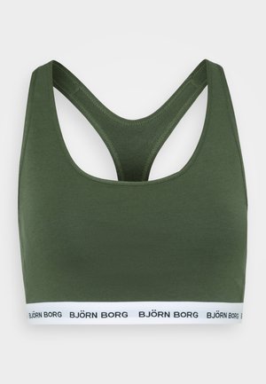 Zelená sportovní podprsenka s návrhem racerback. Obsahuje měkkou tkaninu a kontrastní bílý pás s logem "BJÖRN BORG".