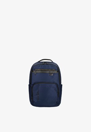 Marineblauer Rucksack mit Tragegriff oben, vorderer Reißverschlusstasche, horizontalem Reißverschlussfach und schwarzen Zierdetails.