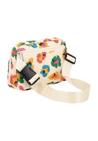 Borsetta compatta in crema con un motivo floreale astratto colorato, dotata di chiusura con zip, tracolla regolabile e accessori a contrasto.