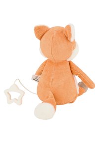 Soft orange plush fox toy with velvety texture, white accents on ears and tail, and a star-shaped clip attached to a string.