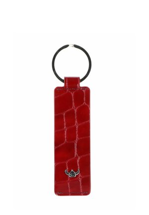 Red rectangular keychain with crocodile texture and small silver bull head emblem attached to a round metal keyring.