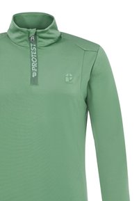 Zelený pletený sveter s dlhým rukávom, vysokým golierom, polovičným zipsom a štruktúrovanou látkou. Obsahuje malé logo na hrudi.
