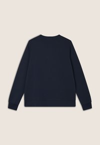 Sudadera azul marino, hecha de tela suave, con un escote redondo, mangas largas y puños y dobladillo acanalados. Diseño liso en la parte posterior.