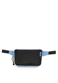 Borsa nera in tessuto con lati blu, dotata di chiusura a zip. Forma rettangolare con cinghie regolabili e finitura texturizzata.