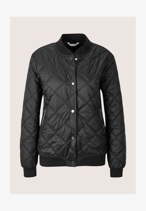 Zwarte doorgestikte bomberjack met drukknopen, zakken met rits aan de zijkanten, geribde kraag, manchetten en zoom.