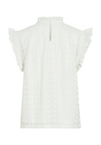 Blouse en dentelle blanche avec manches courtes à volants, col montant et ouverture en forme de goutte dans le dos.