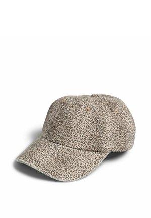 Casquette de baseball avec un petit motif léopard beige et marron, design à six panneaux et une visière incurvée.