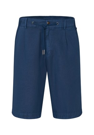 Navy blue linen shorts with an elastic waistband, drawstring, and side pockets; smooth texture and knee-length design.