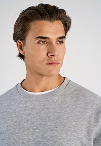 Felpa grigia in tessuto misto cotone, con scollo tondo e polsini a costine. Indossata sopra una maglietta bianca, presenta una texture liscia.