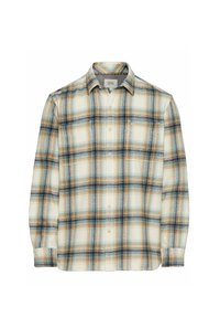 Geruite button-up blouse van zachte stof, met crème, blauw en roestkleurige tinten, voorzien van twee voorzakken en een kraag.
