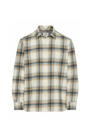 Karierte Hemdjacke aus weichem Stoff in Creme-, Blau- und Rosttönen, mit zwei Brusttaschen und einem Kragen.