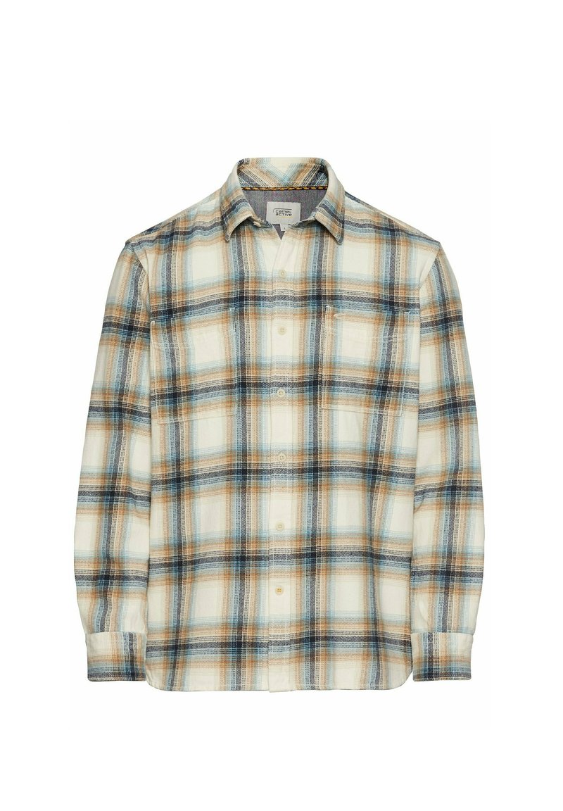 Geruite button-up blouse van zachte stof, met crème, blauw en roestkleurige tinten, voorzien van twee voorzakken en een kraag.