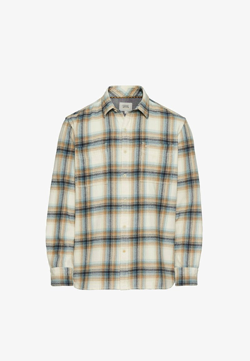 Karierte Hemdjacke aus weichem Stoff in Creme-, Blau- und Rosttönen, mit zwei Brusttaschen und einem Kragen.