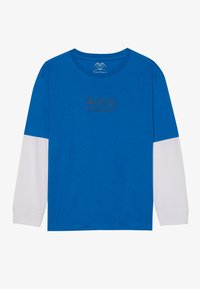 Blue long-sleeve t-shirt with white sleeves, featuring black circular text "NYC" and "NewYouthCulture" at the center. Soft cotton material.