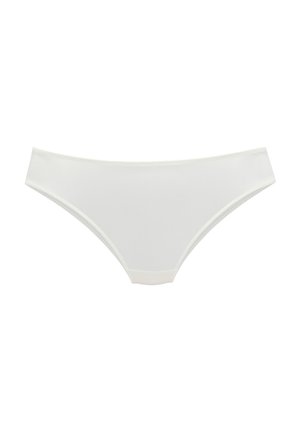 Weißer nahtloser Low-Rise Damen-Bikini mit glattem Stoff und schmalen Seitenbändern.