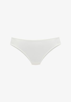 Weißer nahtloser Low-Rise Damen-Bikini mit glattem Stoff und schmalen Seitenbändern.